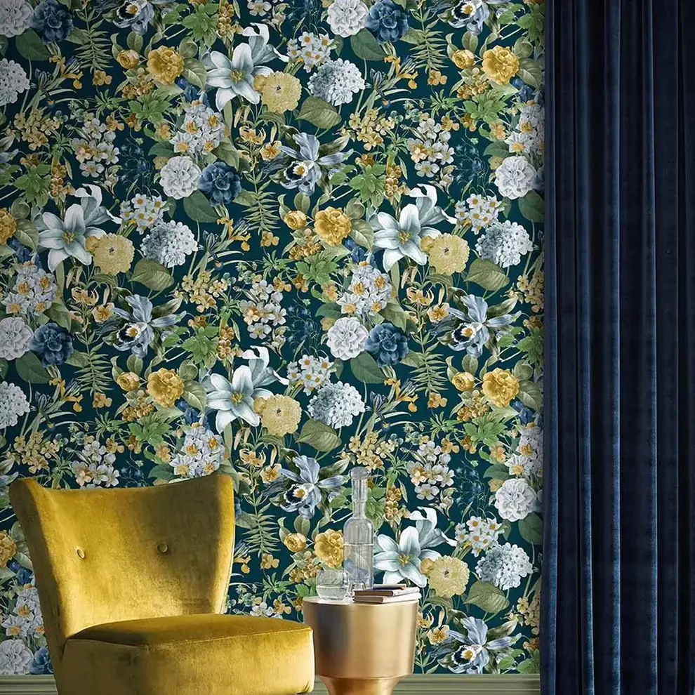 Blue and Green Glasshouse Flora Classic design wallpaper