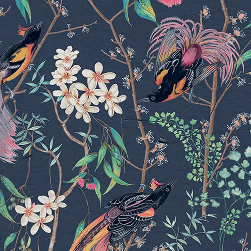 Midnight Garden Birds wallpaper with elegant birds and foliage in rich nocturnal tones