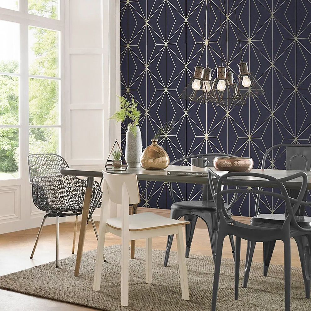 Pacific Midnight design wallpaper in navy blue, gold, rose gold, deep sky